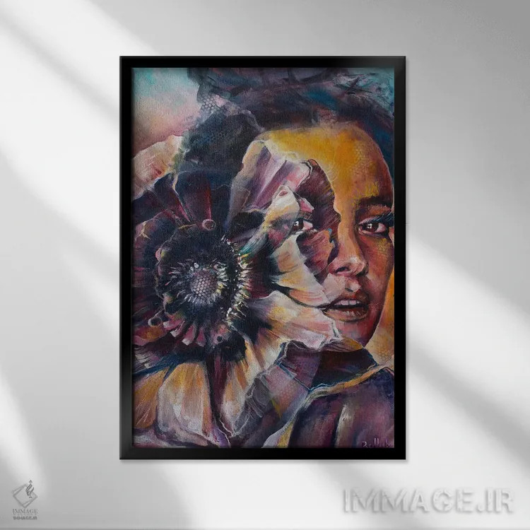 تابلو نگاه و گلبرگها اثر بلول آرت - نمای قابدار مشکی