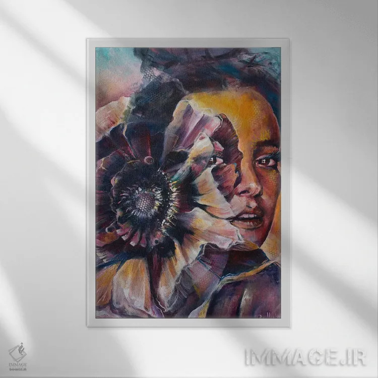 تابلو نگاه و گلبرگها اثر بلول آرت - نمای قابدار سفید