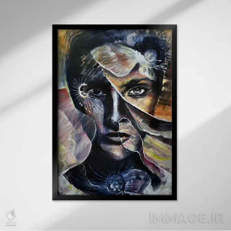 تابلو زن با گلبرگها اثر بلول آرت - نمای قابدار مشکی