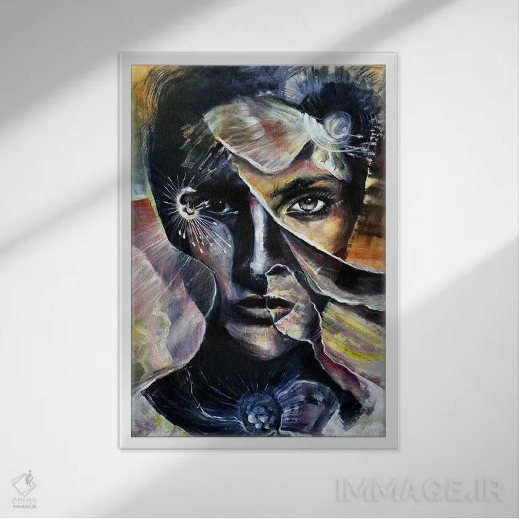 تابلو زن با گلبرگها اثر بلول آرت - نمای قابدار سفید