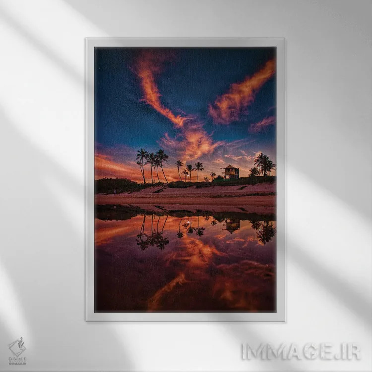 تابلو ابرهای بلند بر فراز نخلها اثر بن مولدر - نمای قابدار سفید