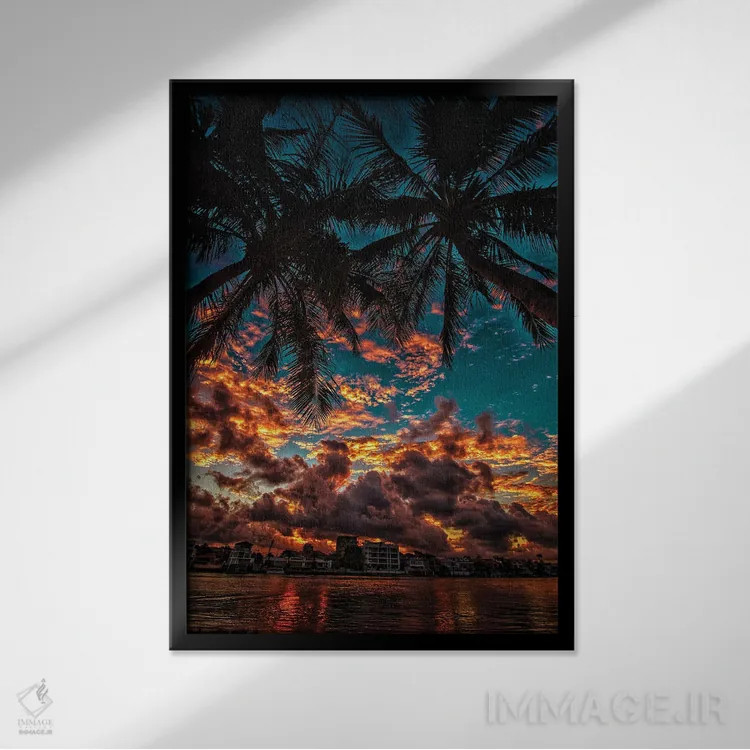 تابلو غروب با نخلها اثر بن مولدر - نمای قابدار مشکی