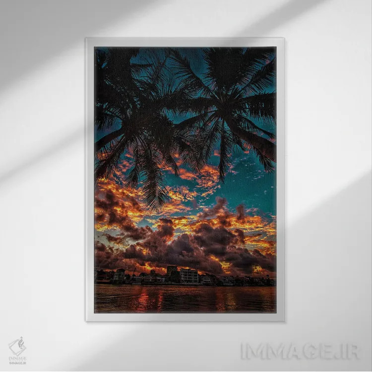 تابلو غروب با نخلها اثر بن مولدر - نمای قابدار سفید