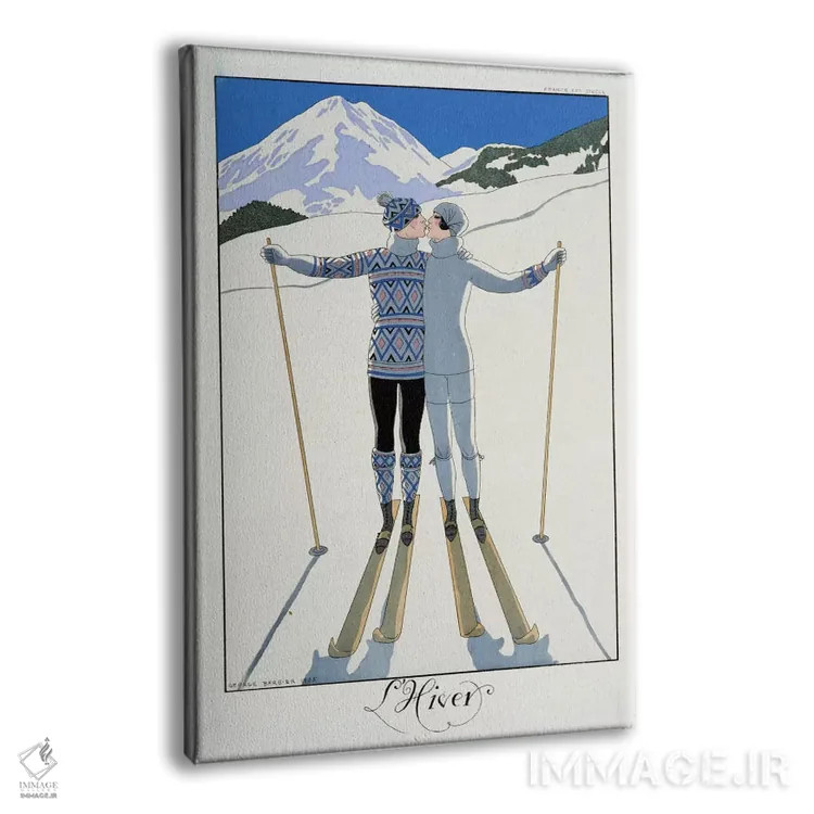 تابلو fashion plate from 'Twentieth Century France', 1925 (colour litho),زمستان: عاشقان در برف، صفحهٔ مد از "فرانسه قرن بیستم"، ۱۹۲۵ (چاپ رنگی) اثر جورج باربیه (طراح و تصویرگر فرانسوی) - نمای پرسپکتیو محصول