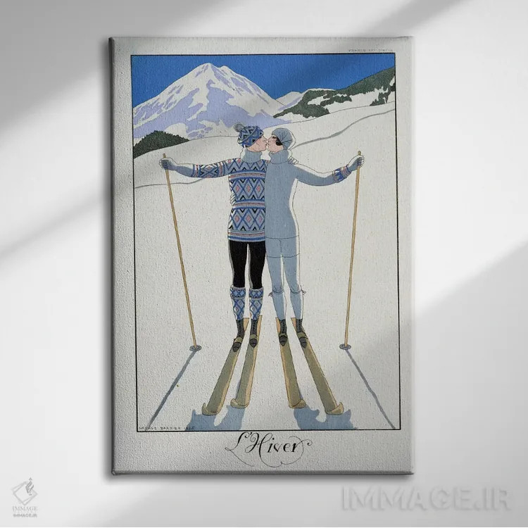 تابلو fashion plate from 'Twentieth Century France', 1925 (colour litho),زمستان: عاشقان در برف، صفحهٔ مد از "فرانسه قرن بیستم"، ۱۹۲۵ (چاپ رنگی) اثر جورج باربیه (طراح و تصویرگر فرانسوی) - نمای روبهرو روی دیوار