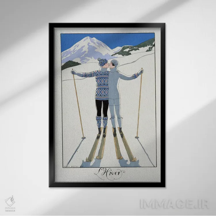 تابلو fashion plate from 'Twentieth Century France', 1925 (colour litho),زمستان: عاشقان در برف، صفحهٔ مد از "فرانسه قرن بیستم"، ۱۹۲۵ (چاپ رنگی) اثر جورج باربیه (طراح و تصویرگر فرانسوی) - نمای قابدار مشکی