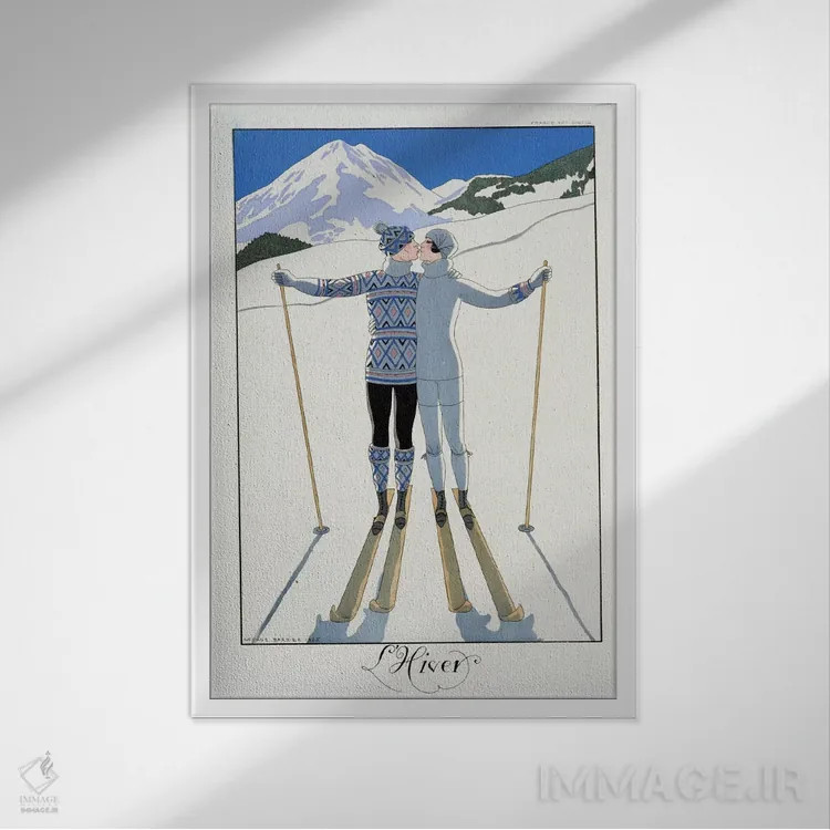 تابلو fashion plate from 'Twentieth Century France', 1925 (colour litho),زمستان: عاشقان در برف، صفحهٔ مد از "فرانسه قرن بیستم"، ۱۹۲۵ (چاپ رنگی) اثر جورج باربیه (طراح و تصویرگر فرانسوی) - نمای قابدار سفید