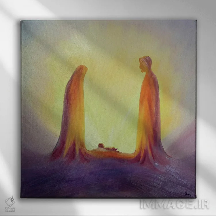 تابلو 1995,مریم و یوسف با ایمان به کودک عیسی در تولدش مینگرند، ۱۹۹۵ اثر الیزابت وانگ - نمای روبهرو روی دیوار