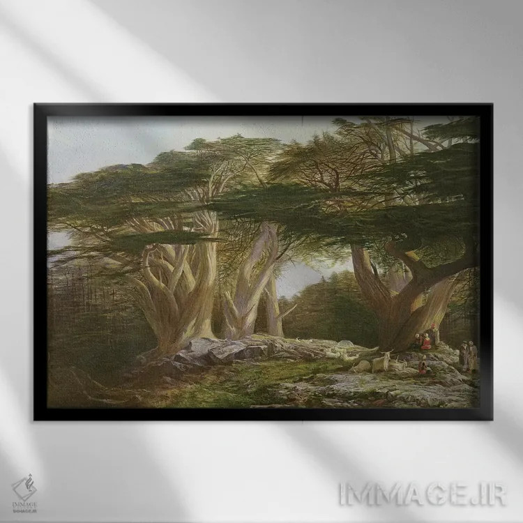 تابلو 1861,سروهای لبنان، ۱۸۶۱ اثر ادوارد لیر (شاعر و تصویرگر انگلیسی) - نمای قابدار مشکی