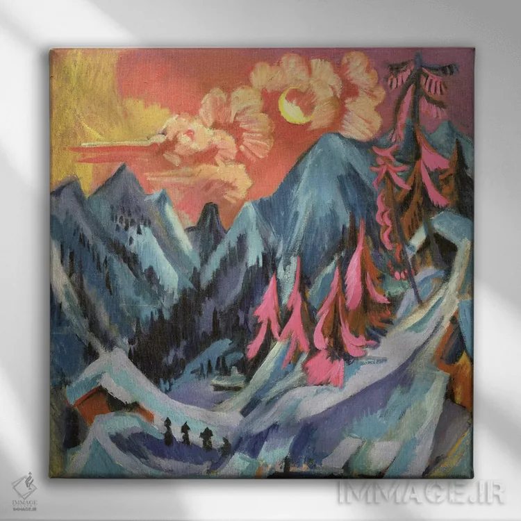 تابلو 1919,منظرهٔ زمستانی در مهتاب، ۱۹۱۹ اثر ارنست لودویگ کیرشنر (نقاش اکسپرسیونیست آلمانی) - نمای روبهرو روی دیوار