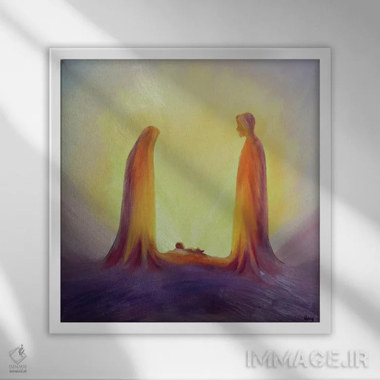 تابلو 1995,مریم و یوسف با ایمان به کودک عیسی در تولدش مینگرند، ۱۹۹۵ اثر الیزابت وانگ - نمای قابدار سفید