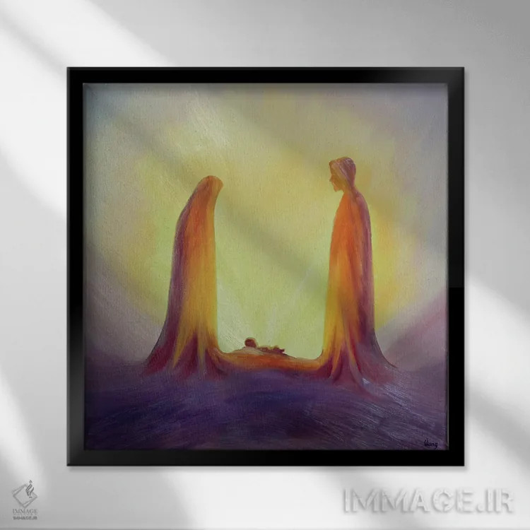 تابلو 1995,مریم و یوسف با ایمان به کودک عیسی در تولدش مینگرند، ۱۹۹۵ اثر الیزابت وانگ - نمای قابدار مشکی