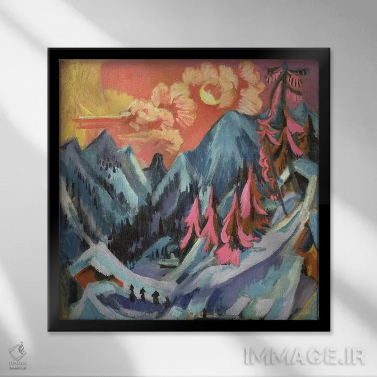 تابلو 1919,منظرهٔ زمستانی در مهتاب، ۱۹۱۹ اثر ارنست لودویگ کیرشنر (نقاش اکسپرسیونیست آلمانی) - نمای قابدار مشکی