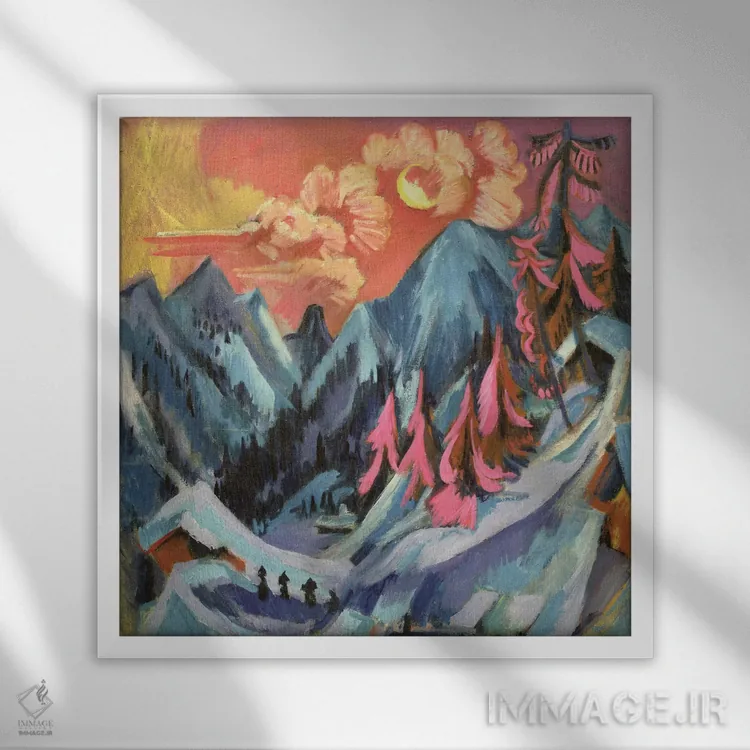 تابلو 1919,منظرهٔ زمستانی در مهتاب، ۱۹۱۹ اثر ارنست لودویگ کیرشنر (نقاش اکسپرسیونیست آلمانی) - نمای قابدار سفید