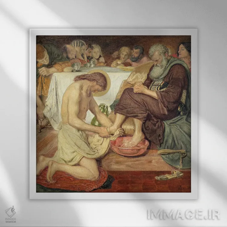 تابلو 1876,عیسی پای پطرس را میشوید، ۱۸۷۶ اثر فورد مادوکس براون (نقاش بریتانیایی) - نمای قابدار سفید