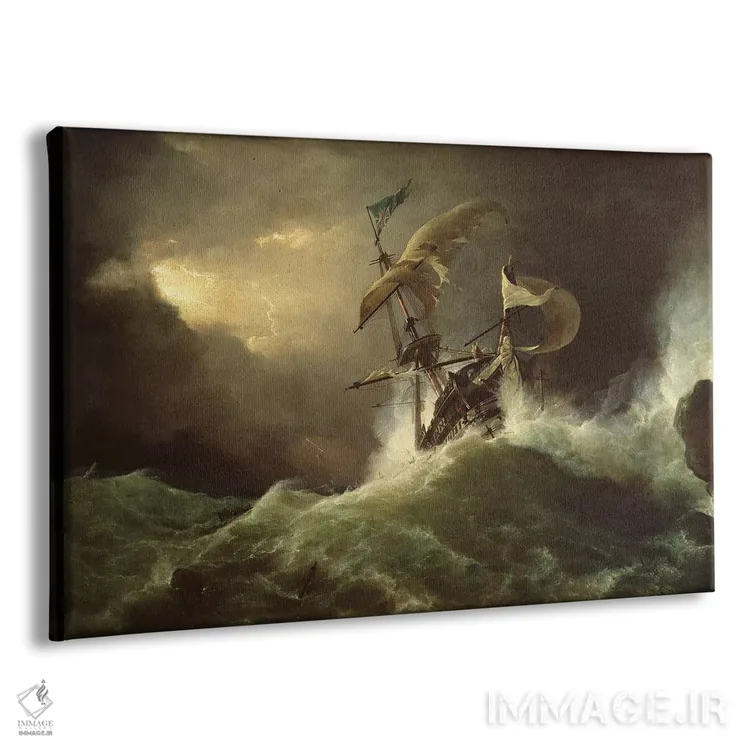 تابلو floundering in a gale,یک ناو جنگی درجه یک که به صخرههای سنگی خورده و در طوفان گرفتار شده است اثر جورج فیلیپ رینگل - نمای پرسپکتیو محصول