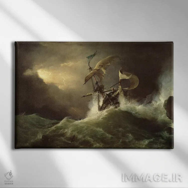 تابلو floundering in a gale,یک ناو جنگی درجه یک که به صخرههای سنگی خورده و در طوفان گرفتار شده است اثر جورج فیلیپ رینگل - نمای روبهرو روی دیوار