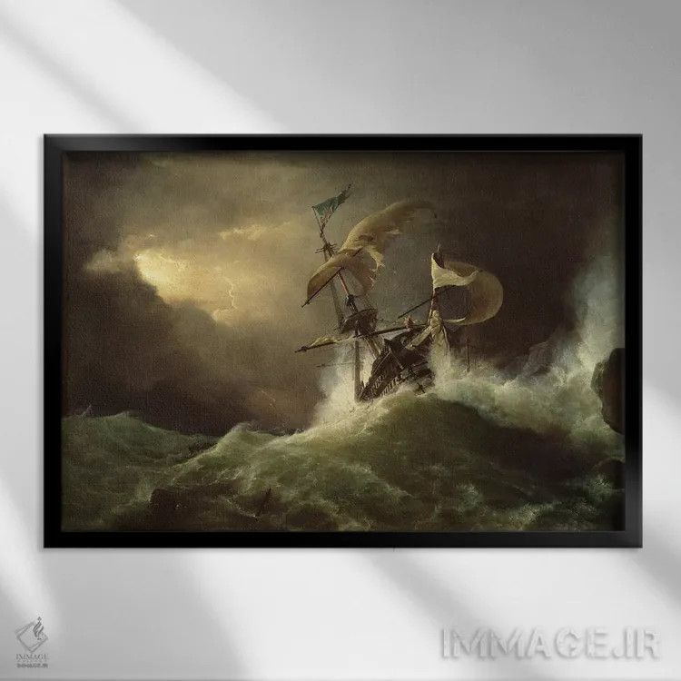 تابلو floundering in a gale,یک ناو جنگی درجه یک که به صخرههای سنگی خورده و در طوفان گرفتار شده است اثر جورج فیلیپ رینگل - نمای قابدار مشکی