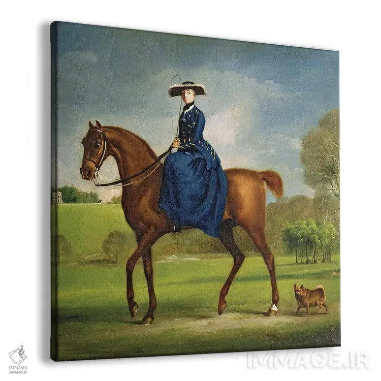 تابلو c.1760,کنتس کانینگزبی با لباس شکار چارلتون، حدود ۱۷۶۰ اثر جورج استابز (نقاش حیوانات انگلیسی) - نمای پرسپکتیو محصول