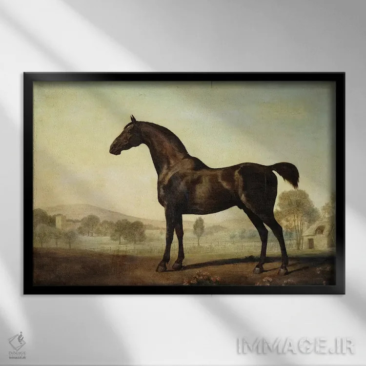 تابلو a Bay Racehorse, in a Paddock, 1779,"سویتویلیام"، اسب مسابقهای قهوهای در مرتع، ۱۷۷۹ اثر جورج استابز (نقاش حیوانات انگلیسی) - نمای قابدار مشکی