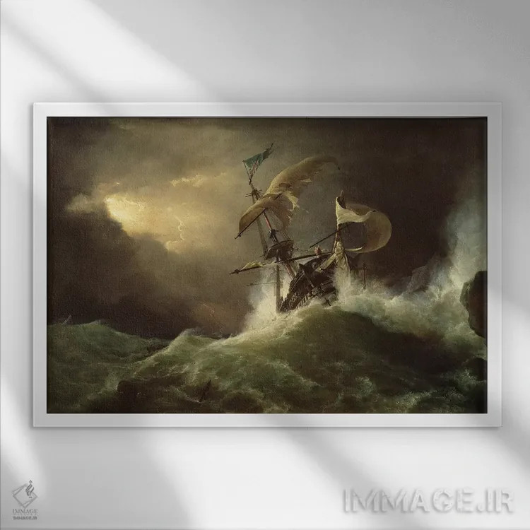 تابلو floundering in a gale,یک ناو جنگی درجه یک که به صخرههای سنگی خورده و در طوفان گرفتار شده است اثر جورج فیلیپ رینگل - نمای قابدار سفید