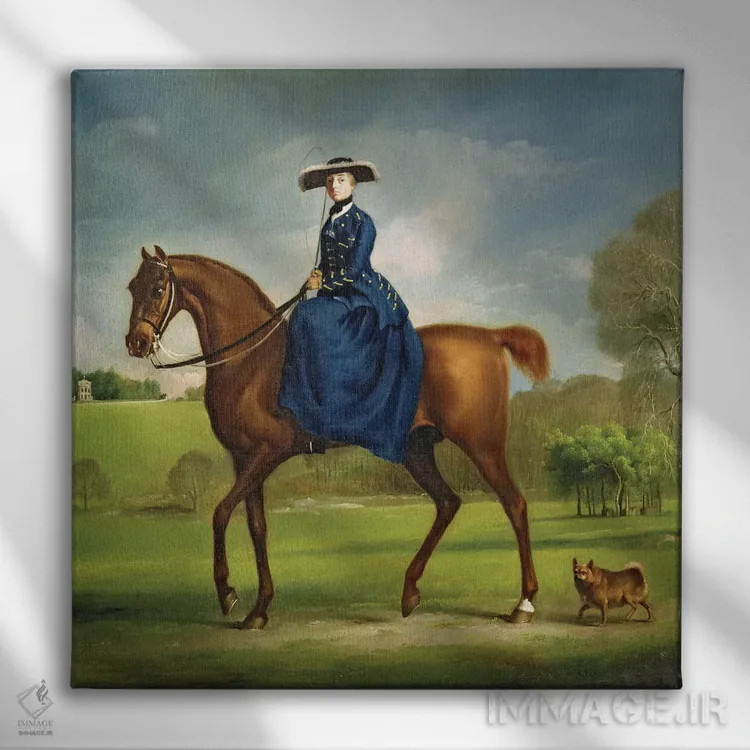 تابلو c.1760,کنتس کانینگزبی با لباس شکار چارلتون، حدود ۱۷۶۰ اثر جورج استابز (نقاش حیوانات انگلیسی) - نمای روبهرو روی دیوار