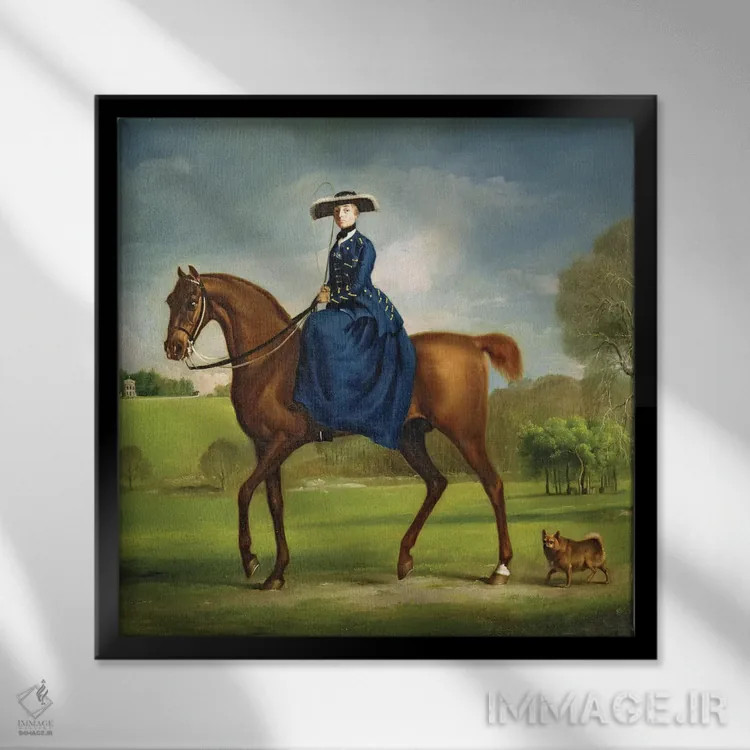 تابلو c.1760,کنتس کانینگزبی با لباس شکار چارلتون، حدود ۱۷۶۰ اثر جورج استابز (نقاش حیوانات انگلیسی) - نمای قابدار مشکی