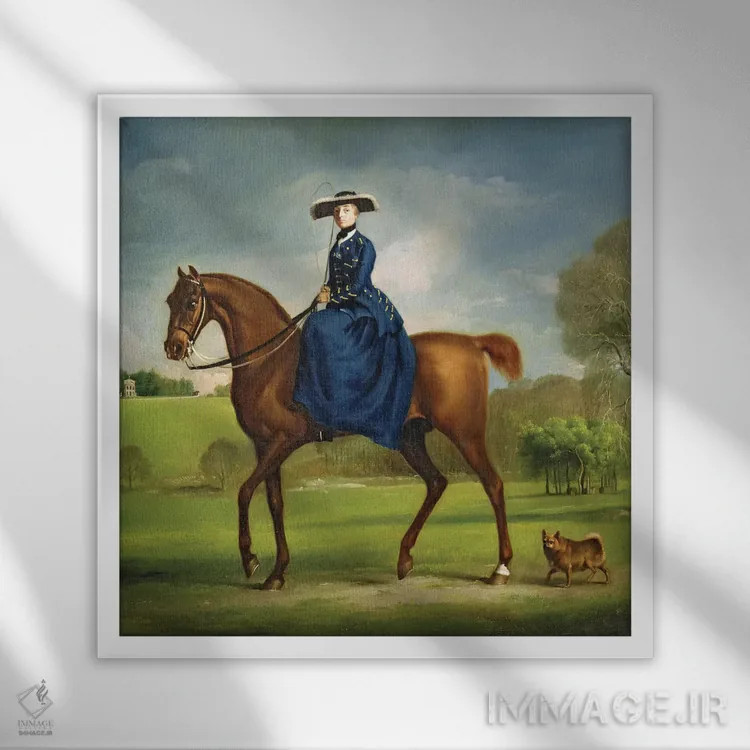 تابلو c.1760,کنتس کانینگزبی با لباس شکار چارلتون، حدود ۱۷۶۰ اثر جورج استابز (نقاش حیوانات انگلیسی) - نمای قابدار سفید