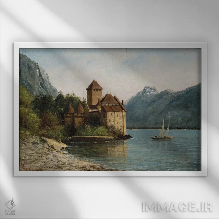 تابلو Evening, c.1872,قلعهٔ شیون در غروب، حدود ۱۸۷۲ اثر گوستاو کوربه - نمای قابدار سفید