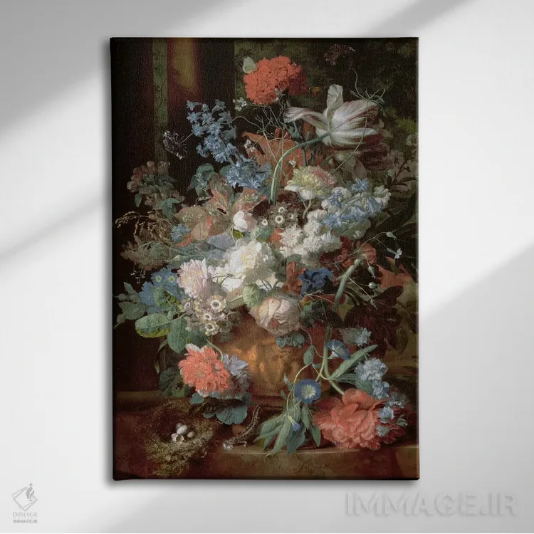 تابلو دستهگل در چشمانداز طبیعی اثر یان فان هویسوم - نمای روبهرو روی دیوار