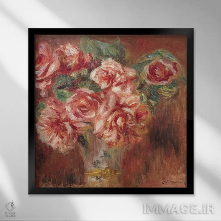 تابلو c.1890,رزها در گلدان، حدود ۱۸۹۰ اثر پیر-اوگوست رنوار - نمای قابدار مشکی