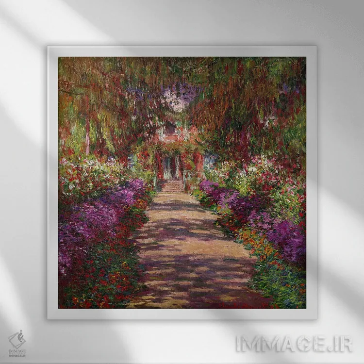 تابلو Giverny, 1902,مسیر باغ مونه در ژیورنی، ۱۹۰۲ اثر کلود مونه (نقاش معروف فرانسوی) - نمای قابدار سفید