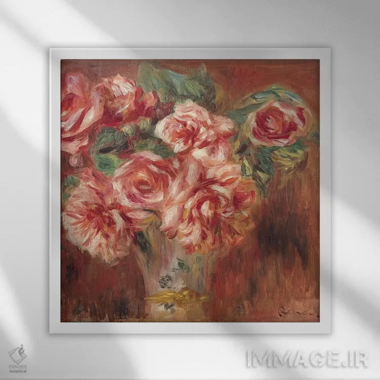 تابلو c.1890,رزها در گلدان، حدود ۱۸۹۰ اثر پیر-اوگوست رنوار - نمای قابدار سفید