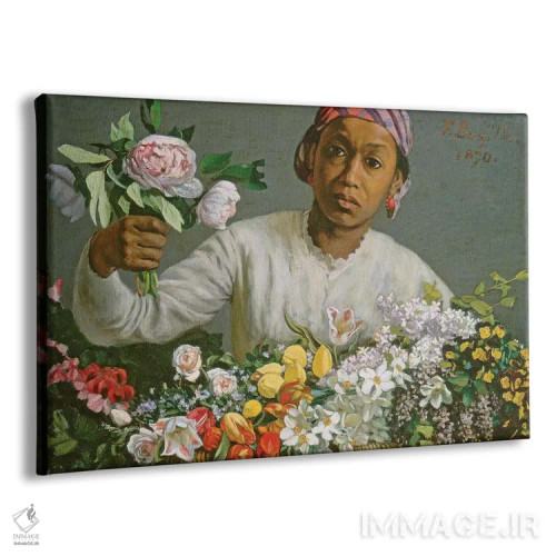 تابلو 1870,دختر جوان با گل صدتومانی، ۱۸۷۰ اثر ژان فردریک بَزای - نمای پرسپکتیو محصول