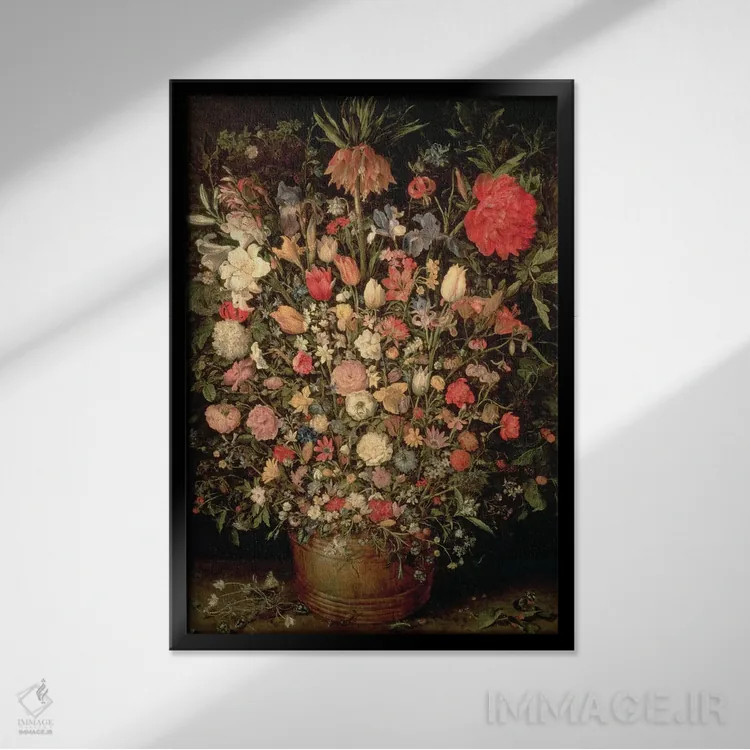 تابلو 1606-07,دستهگل بزرگ در وان چوبی، ۱۶۰۶-۱۶۰۷ اثر یان بروگل پدر (نقاش هلندی) - نمای قابدار مشکی