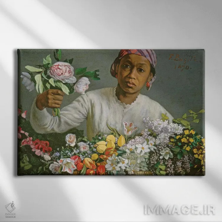 تابلو 1870,دختر جوان با گل صدتومانی، ۱۸۷۰ اثر ژان فردریک بَزای - نمای روبهرو روی دیوار