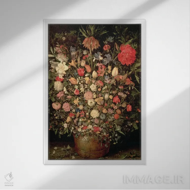 تابلو 1606-07,دستهگل بزرگ در وان چوبی، ۱۶۰۶-۱۶۰۷ اثر یان بروگل پدر (نقاش هلندی) - نمای قابدار سفید