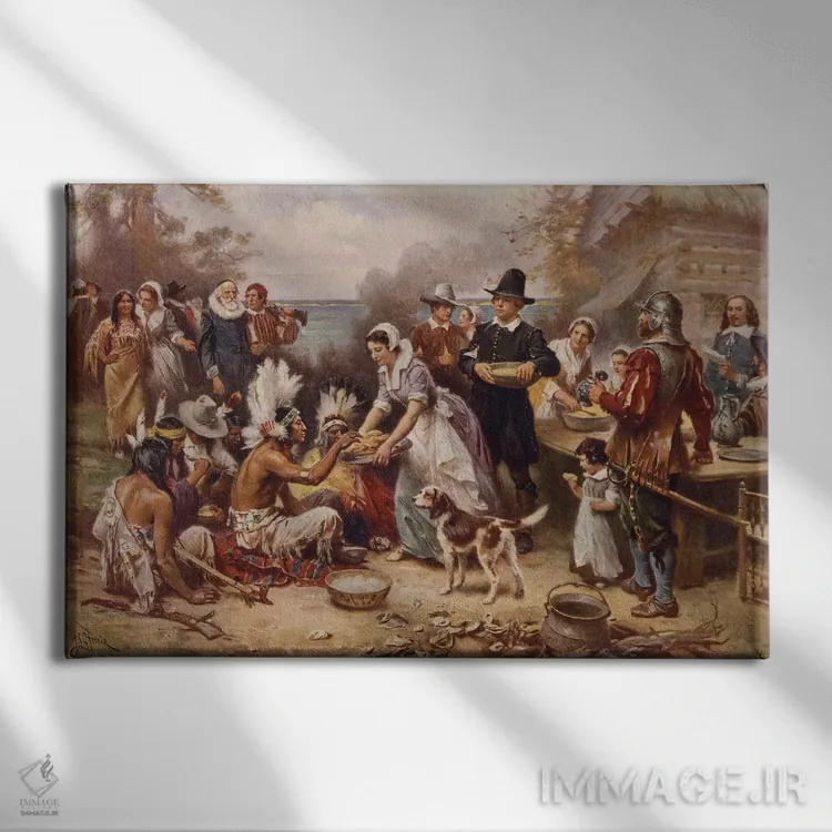 تابلو c.1930,اولین جشن شکرگزاری، حدود ۱۹۳۰ (تاریخ آمریکا) اثر ژان لئون ژروم فریس - نمای روبهرو روی دیوار