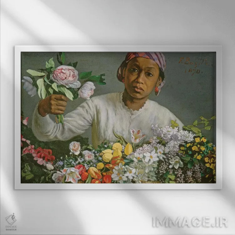 تابلو 1870,دختر جوان با گل صدتومانی، ۱۸۷۰ اثر ژان فردریک بَزای - نمای قابدار سفید