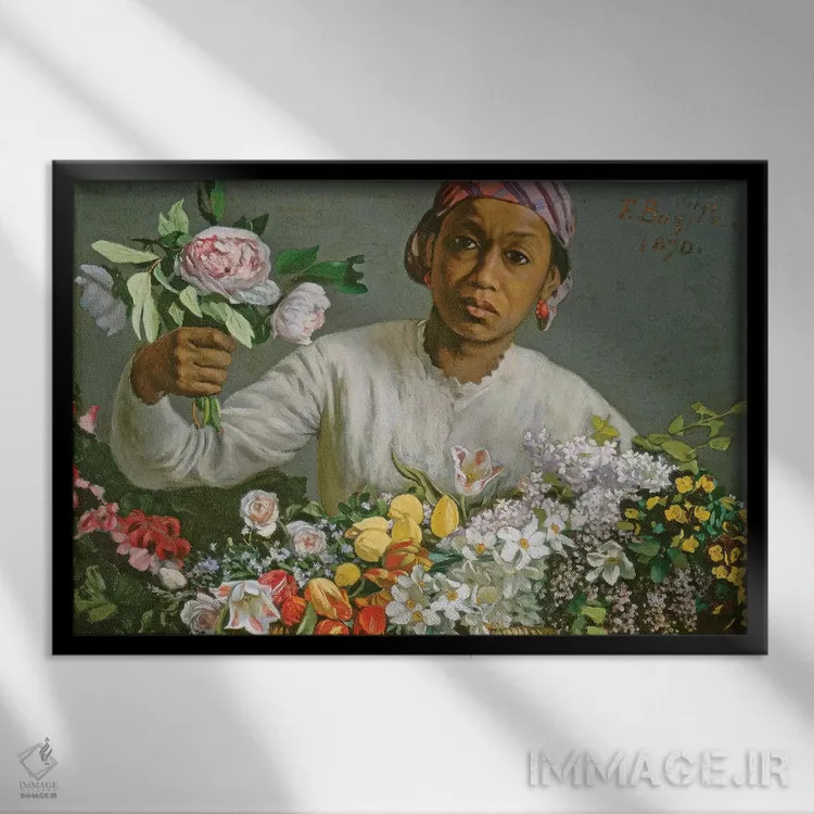 تابلو 1870,دختر جوان با گل صدتومانی، ۱۸۷۰ اثر ژان فردریک بَزای - نمای قابدار مشکی