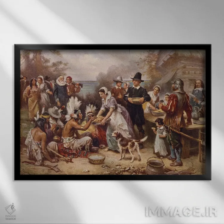 تابلو c.1930,اولین جشن شکرگزاری، حدود ۱۹۳۰ (تاریخ آمریکا) اثر ژان لئون ژروم فریس - نمای قابدار مشکی