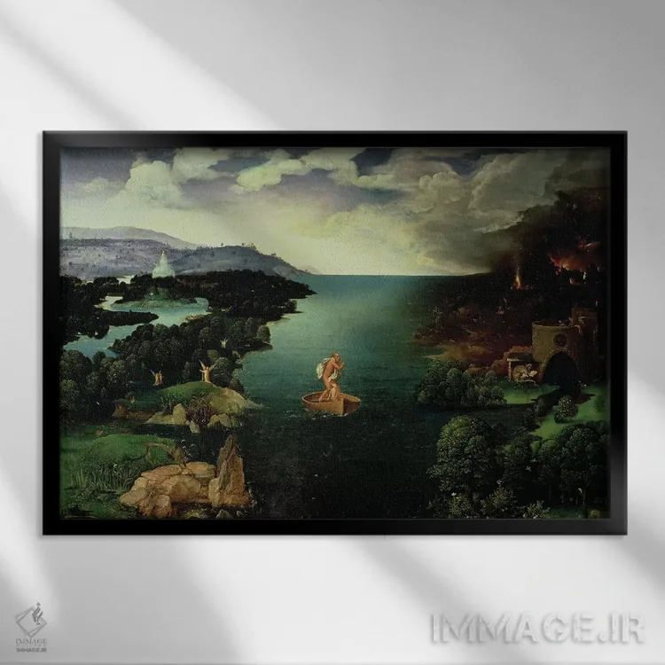 تابلو 1515-24,شارون در حال عبور از رود استوکس، ۱۵۱۵-۱۵۲۴ (اسطورهشناسی یونان) اثر یواخیم پاتینیر - نمای قابدار مشکی