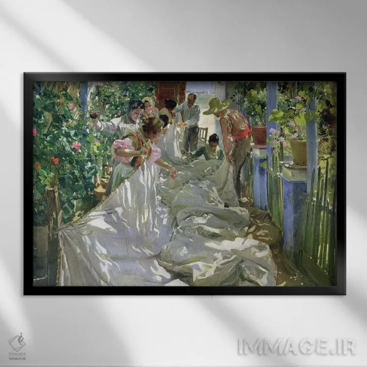 تابلو 1896,وصلهزدن بادبان، ۱۸۹۶ اثر خواکین سورویا باستیدا (نقاش اسپانیایی) - نمای قابدار مشکی