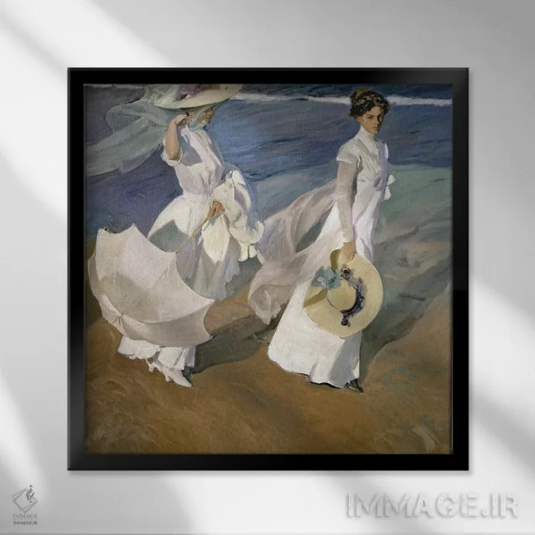 تابلو 1909,قدمزدن در کنار ساحل، ۱۹۰۹ اثر خواکین سورویا باستیدا (نقاش اسپانیایی) - نمای قابدار مشکی
