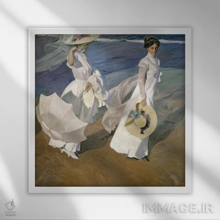 تابلو 1909,قدمزدن در کنار ساحل، ۱۹۰۹ اثر خواکین سورویا باستیدا (نقاش اسپانیایی) - نمای قابدار سفید