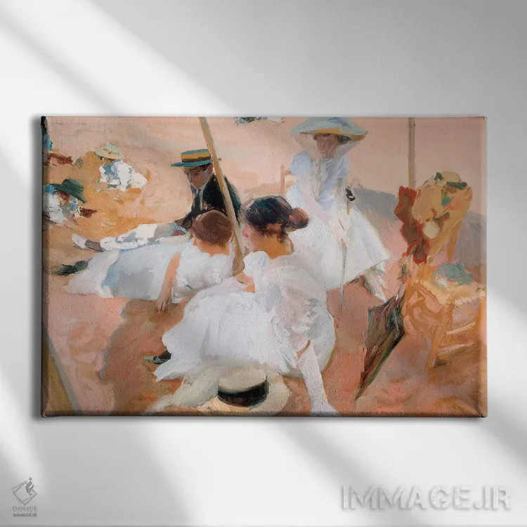 تابلو on the Beach at Zarautz, 1905,زیر چتر آفتابی در ساحل زارائوتز، ۱۹۰۵ اثر خواکین سورویا باستیدا (نقاش اسپانیایی) - نمای روبهرو روی دیوار