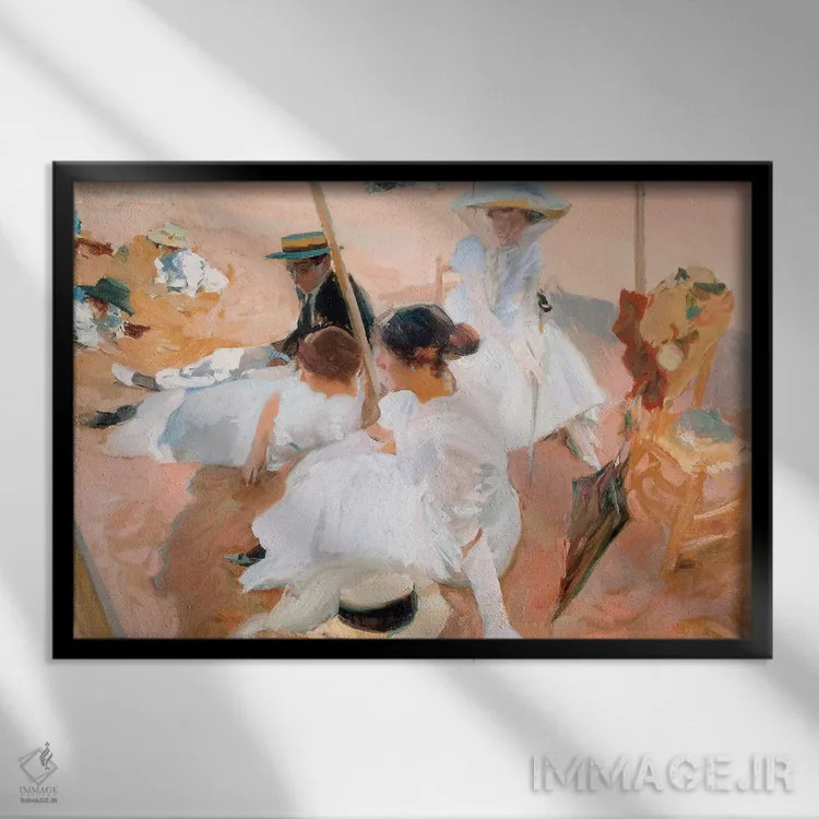 تابلو on the Beach at Zarautz, 1905,زیر چتر آفتابی در ساحل زارائوتز، ۱۹۰۵ اثر خواکین سورویا باستیدا (نقاش اسپانیایی) - نمای قابدار مشکی