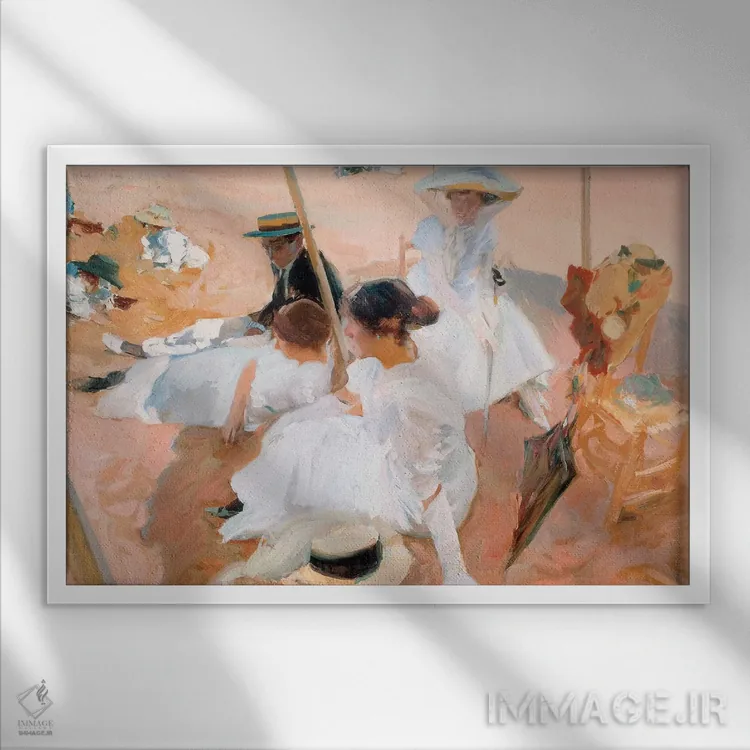 تابلو on the Beach at Zarautz, 1905,زیر چتر آفتابی در ساحل زارائوتز، ۱۹۰۵ اثر خواکین سورویا باستیدا (نقاش اسپانیایی) - نمای قابدار سفید