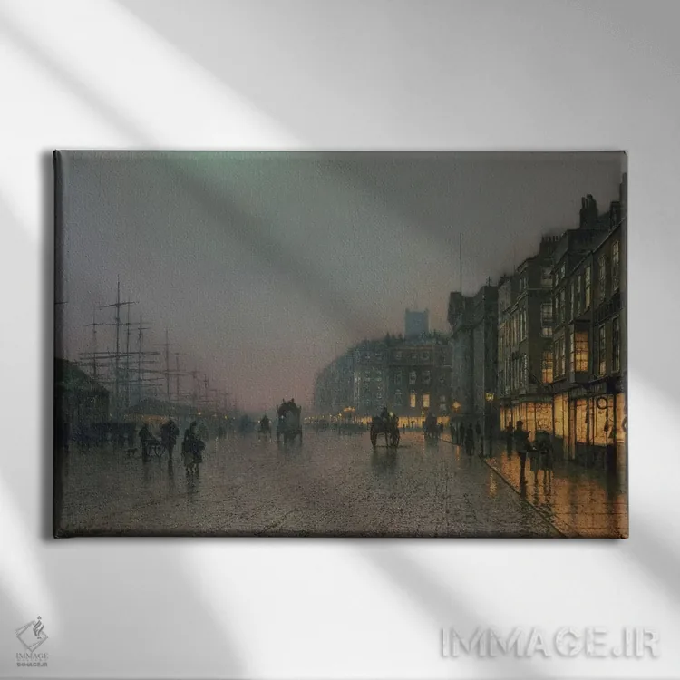 تابلو c.1870,اسکلههای لیورپول از واپینگ، حدود ۱۸۷۰ اثر جان اتکینسون گریمشا - نمای روبهرو روی دیوار