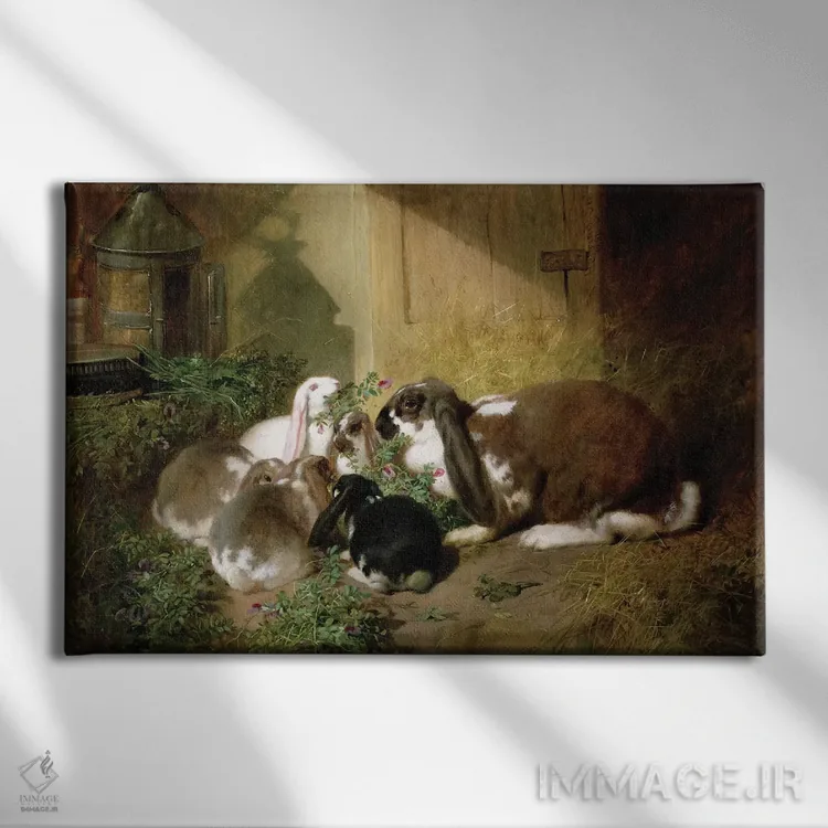 تابلو خرگوش ماده با گوش افتاده و بچههایش اثر جان فردریک هرینگ سینیور - نمای روبهرو روی دیوار